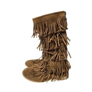 JOYFOLIE Girls Riley Brown Suede Fringe Boots Knee High Boho Western Size 13T